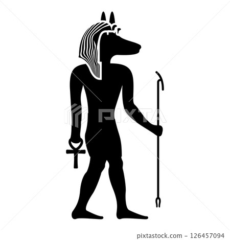 Anubis deity with jackal head ancient Egyptian god holds staff and anch cross silhouette mythical icon black color vector illustration image flat style Anubis deity with jackal head ancient Egyptian god holds staff and anch cross silhouette mythical icon black color vector illustration image flat style 126457094