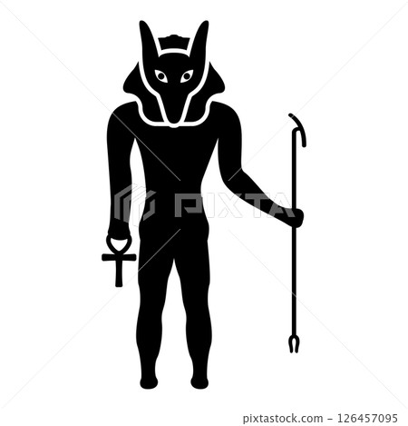 Anubis deity with jackal head ancient Egyptian god holds staff and anch cross silhouette mythical icon black color vector illustration image flat style Anubis deity with jackal head ancient Egyptian god holds staff and anch cross silhouette mythical icon black color vector illustration image flat style 126457095