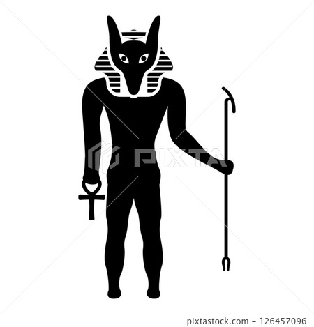 Anubis deity with jackal head ancient Egyptian god holds staff and anch cross silhouette mythical icon black color vector illustration image flat style 126457096