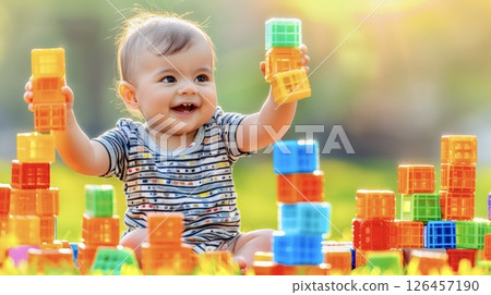 Joyful baby building colorful towers in a sunny outdoor park during the afternoon, surrounded by bright plastic blocks 126457190