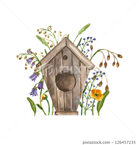 Birdhouse, wild flowers buttercups, timothy grass, greenery, cereal plants. All objects are hand-painted with watercolors. Watercolor composition for printing on postcards, invitations, posters. Birdhouse, wild flowers buttercups, timothy grass, greenery, cereal plants. All objects are hand-painted with watercolors. Watercolor composition for printing on postcards, invitations, posters. 126457235