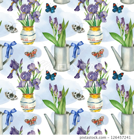 Seamless watercolor pattern. Bouquets of flowers from irises of different colors. Watering can for watering flowers with a blue bow, vase, hand-drawn with watercolors. For printing on fabric, paper. Seamless watercolor pattern. Bouquets of flowers from irises of different colors. Watering can for watering flowers with a blue bow, vase, hand-drawn with watercolors. For printing on fabric, paper. 126457241