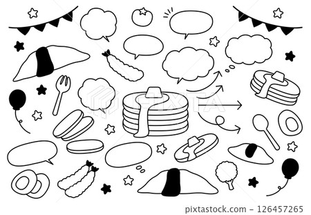 一組手繪的可愛食物、氣泡和箭頭插圖 126457265