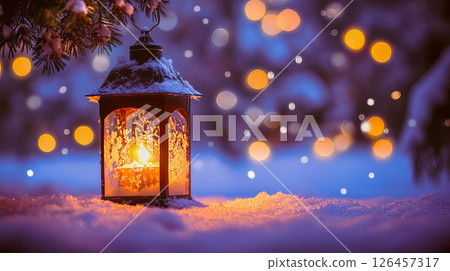 Christmas lantern in the snow in the evening 126457317
