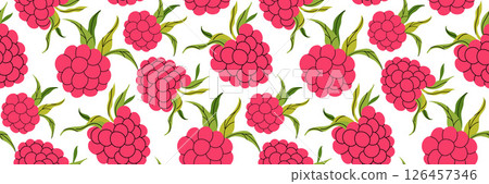 Pink raspberry foliage seamless pattern on white background. Spring garden background. Summer berry menu, cold drinks. Perfect for textile, menu, packaging, kitchen design. Flat vector illustration. 126457346