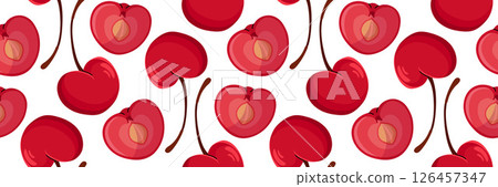 Red cherry Seamless pattern. Whole and one sliced in half showing pit. Spring garden background. Perfect for textile, menu, packaging, kitchen design. Cartoon vector illustration. 126457347