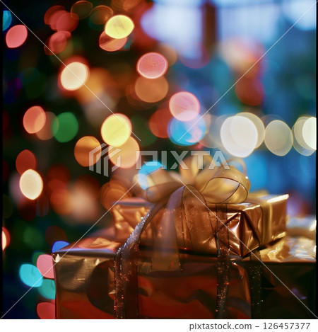 Golden gift boxes with bows in front of a beautifully decorated Christmas tree adorned with colorful lights during the holiday season 126457377