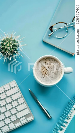 A cozy workspace setup featuring coffee, a cactus, and stationery on a bright blue desk 126457405