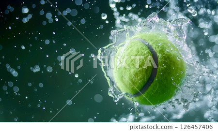 A tennis ball splashes into water creating ripples and droplets in a vibrant, dynamic moment captured in nature 126457406
