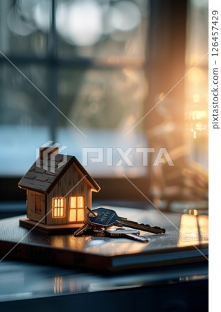 A cozy wooden house model with glowing windows and keys resting on a table in soft evening light 126457429