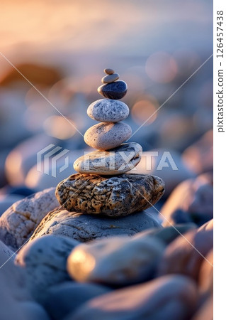 A balanced rock stack stands atop smooth pebbles by the seashore during a vibrant sunset, reflecting warm colors in the background 126457438