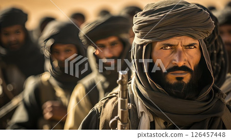 Squad of Islamic warriors with weapons in a desert. Liberators warriors in national costumes of their country 126457448