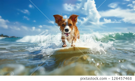 A small dog joyfully surfing on a wave in bright sunlight at the beach on a warm summer day 126457468