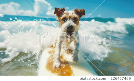 A playful dog enjoying a sunny day surfing on a bright blue beach with gentle waves during summer A playful dog enjoying a sunny day surfing on a bright blue beach with gentle waves during summer 126457469