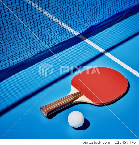 A still life of a red table tennis paddle and a white ball resting on a blue table near the net during daylight A still life of a red table tennis paddle and a white ball resting on a blue table near the net during daylight 126457470