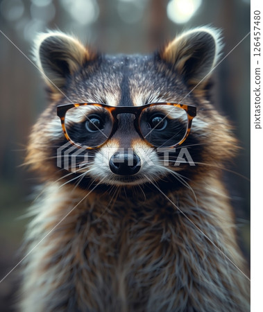 A raccoon wearing glasses poses in a forest setting during the early morning light A raccoon wearing glasses poses in a forest setting during the early morning light 126457480