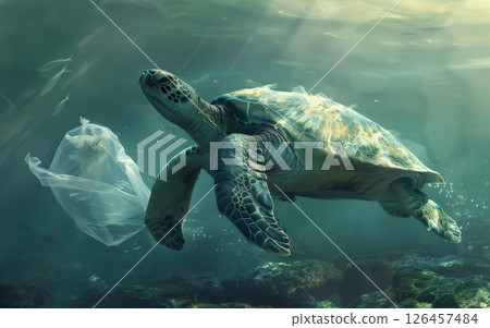 A sea turtle swims gracefully underwater while interacting with a piece of plastic in a vibrant oceanic habitat during midday 126457484