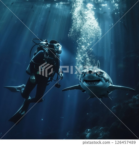Diver encounters a great white shark while exploring a sunlit underwater cave in the ocean depths 126457489