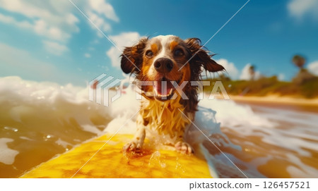 A playful dog surfing on a board in the ocean under a sunny sky 126457521