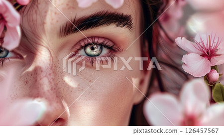 A close-up portrait of a person surrounded by pink cherry blossoms, showcasing natural beauty and vibrant eyes in springtime 126457567