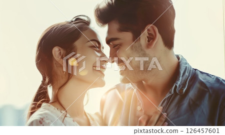 A couple enjoying a joyful moment together indoors, sharing smiles and laughter during a sunny afternoon 126457601