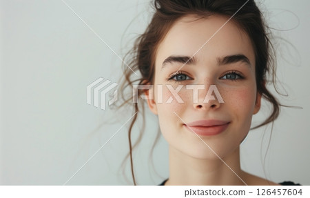 A young woman smiling gently with soft features and loose hair against a light background in a serene indoor setting 126457604