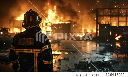 Firefighter observes a raging fire consuming a warehouse at night in an urban setting 126457611