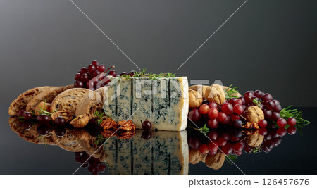 Gorgonzola cheese with ciabatta, walnuts, grapes, and aromatic herbs. Gorgonzola cheese with ciabatta, walnuts, grapes, and aromatic herbs. 126457676