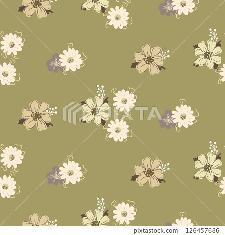 Floral pattern background with meadow flowers. Sage green backdrop and cream daisy bunches. 126457686