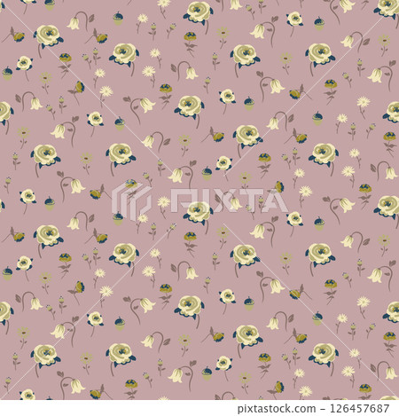 Floral pattern background with meadow flowers. Pale pink backdrop with tulips and roses bouquets. 126457687