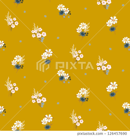 Floral pattern background with meadow flowers. Yellow backdrop and white daisy bouquets. Floral pattern background with meadow flowers. Yellow backdrop and white daisy bouquets. 126457690