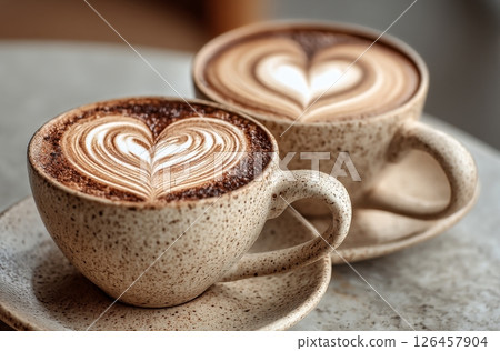 Pair of Latte Cups With Heart Designs on Creamy Surface in Cozy Cafe Setting 126457904