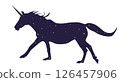 Unicorn dark blue silhouette with stars isolated on white background. Magic black horse running icon, vector eps 10 126457906
