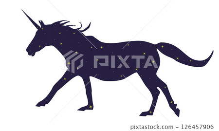 Unicorn dark blue silhouette with stars isolated on white background. Magic black horse running icon, vector eps 10 Unicorn dark blue silhouette with stars isolated on white background. Magic black horse running icon, vector eps 10 126457906