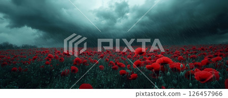 Bright Red Poppy Flowers Bloom in a Field Under Dark Storm Clouds During a Gloomy Day 126457966