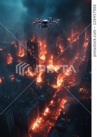 Drone Surveys Burning Cityscape Engulfed in Flames During Nighttime Emergency Drone Surveys Burning Cityscape Engulfed in Flames During Nighttime Emergency 126457988