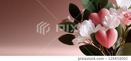 Heart-shaped Decorations Enhance a Floral Arrangement on a Soft Pink Background Heart-shaped Decorations Enhance a Floral Arrangement on a Soft Pink Background 126458002