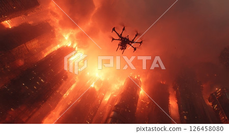 Drone Captures Dramatic Footage of Urban Fire Engulfing High-Rise Buildings in City Center at Night 126458080