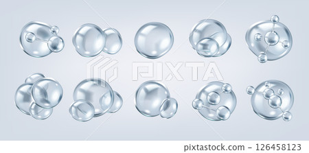 Transparent bubbles featuring collagen molecules icons set Transparent bubbles featuring collagen molecules icons set 126458123