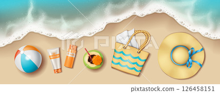 Beach Essentials on Sandy Shore with Waves 126458151
