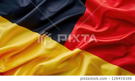 National Day of Belgium, black red yellow abstract background, flag of Belgium, silk fabric texture, horizontal banner, copy space, free space for text 126458166