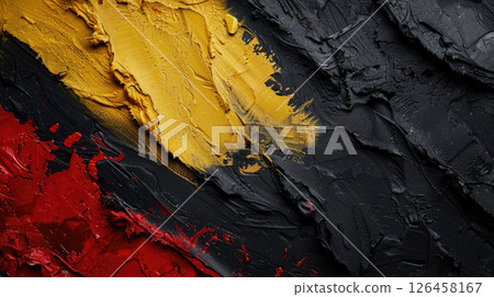 National Day of Belgium, red yellow black abstract background, texture of three-dimensional realistic paint strokes, horizontal banner, copy space, free space for text 126458167