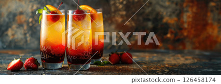 red yellow black citrus cocktail with strawberries, cherries and mint, dark background, National Day of Belgium, horizontal banner, copy space, free space for text 126458174