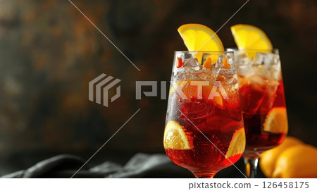 alcoholic citrus cocktail decorated with orange slices, dark background, National Day of Belgium, horizontal banner, copy space, free space for text 126458175