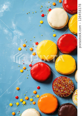 round cookies decorated with red yellow black white icing, blue background, National Day of Belgium, vertical banner, copy space, free space for text round cookies decorated with red yellow black white icing, blue background, National Day of Belgium, vertical banner, copy space, free space for text 126458178
