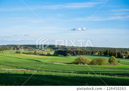 Rolling hills and lush green fields under a clear blue sky with scattered clouds in a picturesque rural landscape setting Rolling hills and lush green fields under a clear blue sky with scattered clouds in a picturesque rural landscape setting 126458263