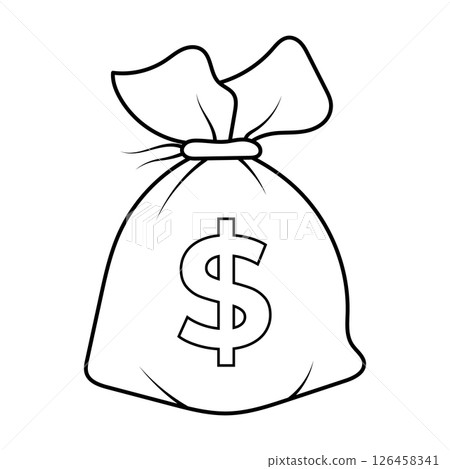 Money Bag with Dollar Sign Outline Vector Illustration. Black and white vector illustration of a classic money bag tied at the top with a string. 126458341
