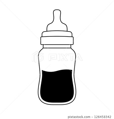 Baby Bottle with Milk Black and White Vector Illustration. The design features a classic baby bottle shape with a rubber nipple at the top. 126458342