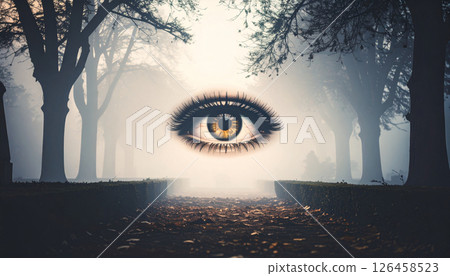 single golden eye on dark background concept. Generated Image single golden eye on dark background concept. Generated Image 126458523