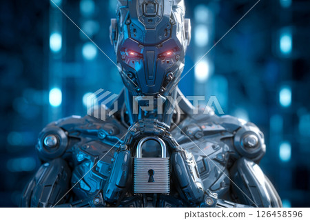 Futuristic Robot Holding Padlock Representing Cybersecurity and Data Protection. 126458596